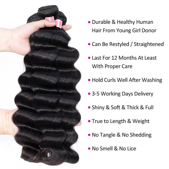 Brazilian Loose Deep Wave Hair 3 Bundles 12A Unprocessed Virgin Human Hair Weave Natural Black Color Hermosa Hair