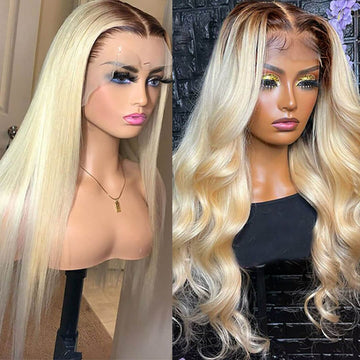 613 Blonde Wigs with Brown Roots Ombre 4/613 Color 13x4 HD Lace Front Human Hair Wigs 180% Density