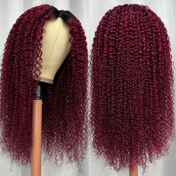 Glueless V/U Part Jerry Curly Wigs 99J Burgundy Red Color With Dark Roots Beginner Friendly