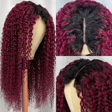 Glueless V/U Part Jerry Curly Wigs 99J Burgundy Red Color With Dark Roots Beginner Friendly