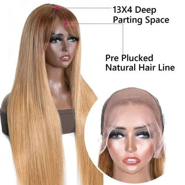 Ombre Blonde Silky Straight 13x4 Lace Front Wigs/Full Machine Made Wigs With Brown Bangs
