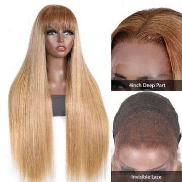 Ombre Blonde Silky Straight 13x4 Lace Front Wigs/Full Machine Made Wigs With Brown Bangs