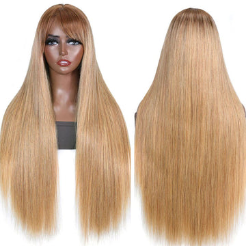 Ombre Blonde Silky Straight 13x4 Lace Front Wigs/Full Machine Made Wigs With Brown Bangs