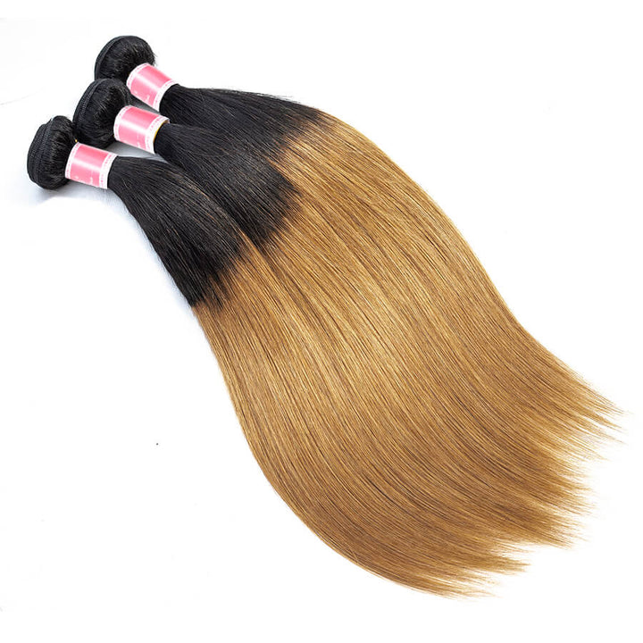 Ombre T1b/27 Brazilian Remy Straight Hair 3 Bundles Unprocessed 100% Human Hair Weave