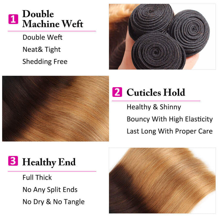 Ombre T1b/4/27 Brazilian Straight Hair 3 Bundles with Closure 100% Unprocessed Virgin Human Hair