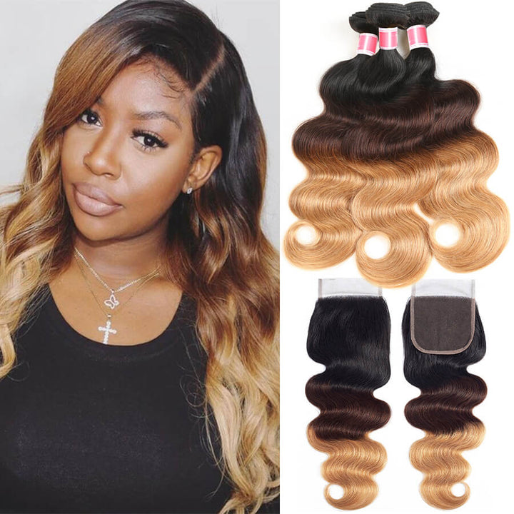 T1b/4/27 Ombre Human Hair 3 Bundles with Closure Free Part Brazilian Body Wave Hermosa Hair