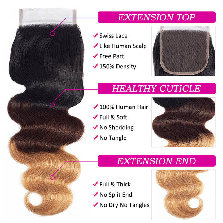 T1b/4/27 Ombre Human Hair 3 Bundles with Closure Free Part Brazilian Body Wave Hermosa Hair