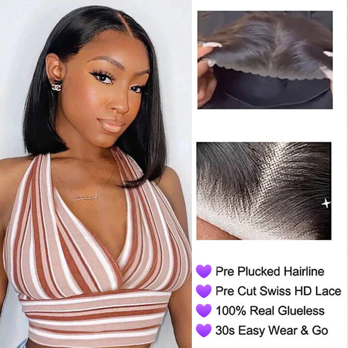 Straight Short Bob 4*4 Pre Cut Lace Closure Human Hair Wigs Pre Plucked Glueless Wigs