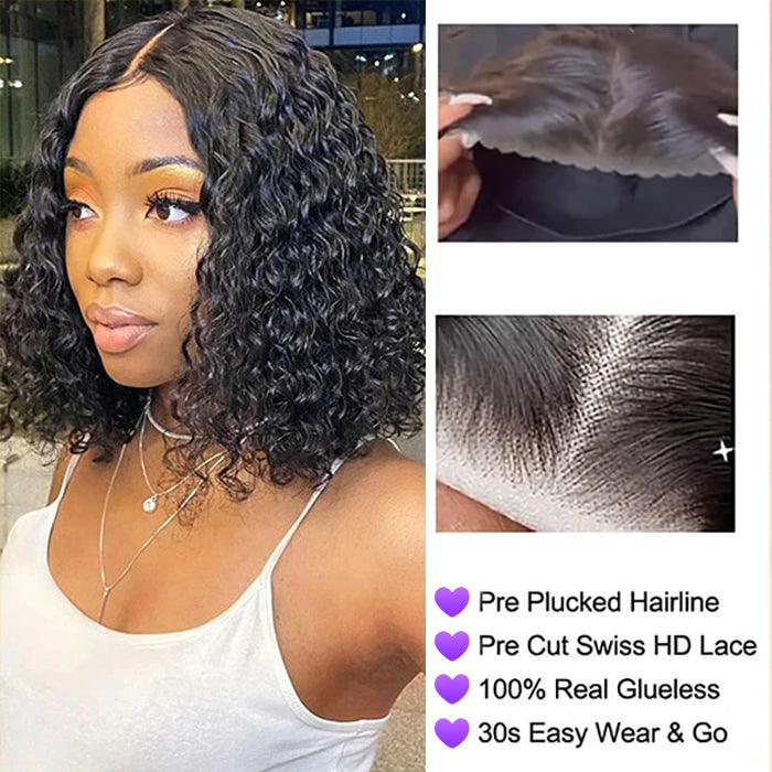 Deep Wave Short Bob 4x4 Pre Cut Lace Closure Wigs 100% Human Hair Pre Plucked Glueless Lace Front Wigs