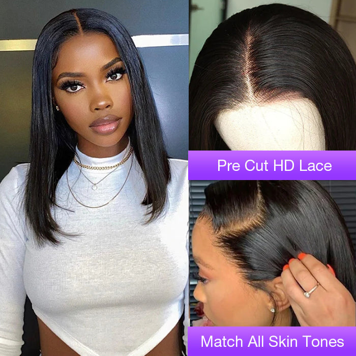 Straight Short Bob 4*4 Pre Cut Lace Closure Human Hair Wigs Pre Plucked Glueless Wigs