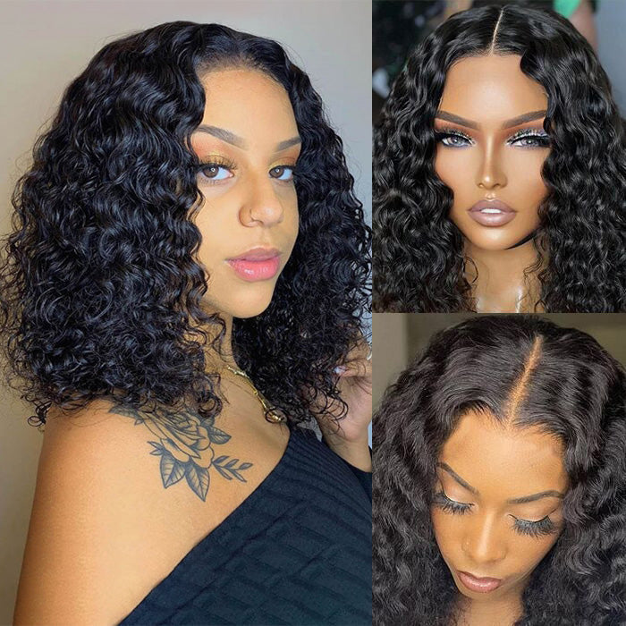 Deep Wave Short Bob 4x4 Pre Cut Lace Closure Wigs 100% Human Hair Pre Plucked Glueless Lace Front Wigs