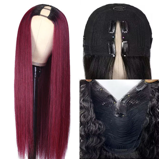Glueless 1B/99J Straight V/U Part Lace Wigs No Leave Out Ombre Burgundy v Part Wigs Human Hair