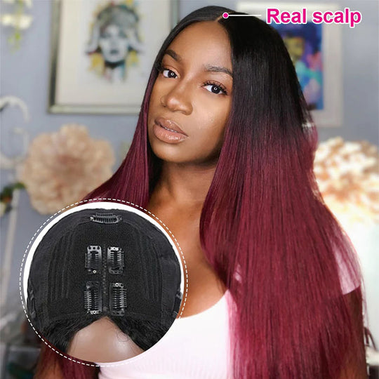 Glueless 1B/99J Straight V/U Part Lace Wigs No Leave Out Ombre Burgundy v Part Wigs Human Hair