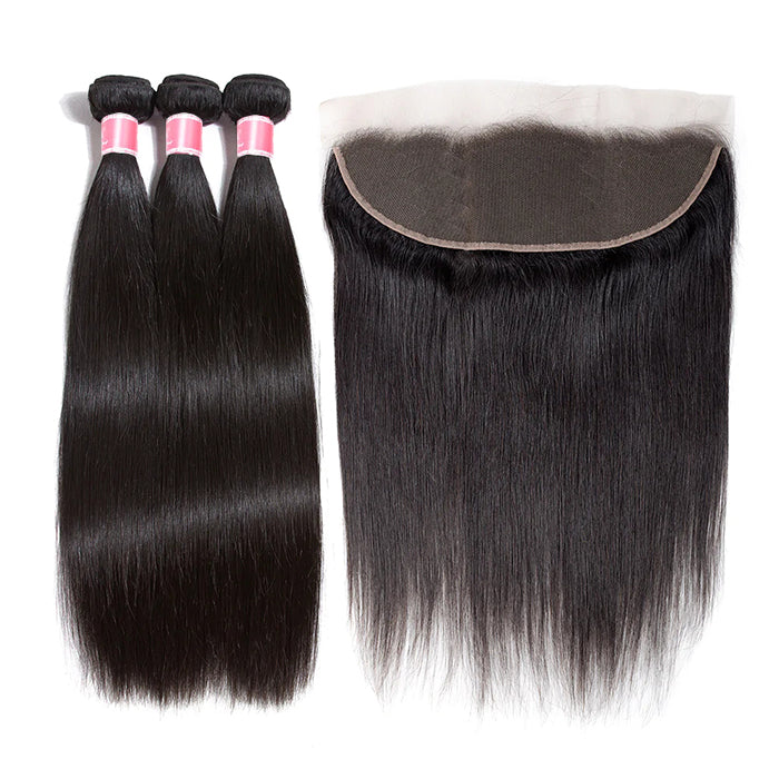 Malaysian Straight Virgin Hair Weave 3 Bundles With Lace Frontal 13x4 Ear To Ear