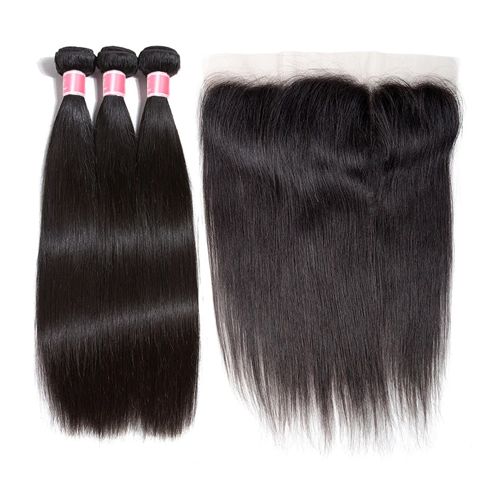 Malaysian Straight Virgin Hair Weave 3 Bundles With Lace Frontal 13x4 Ear To Ear