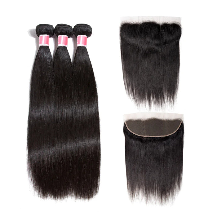 Malaysian Straight Virgin Hair Weave 3 Bundles With Lace Frontal 13x4 Ear To Ear