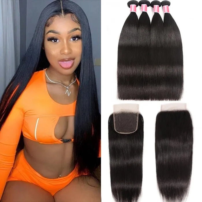 Brazilian Straight Hair 4 Bundles with 4*4 Lace Closure Virgin Human Hair