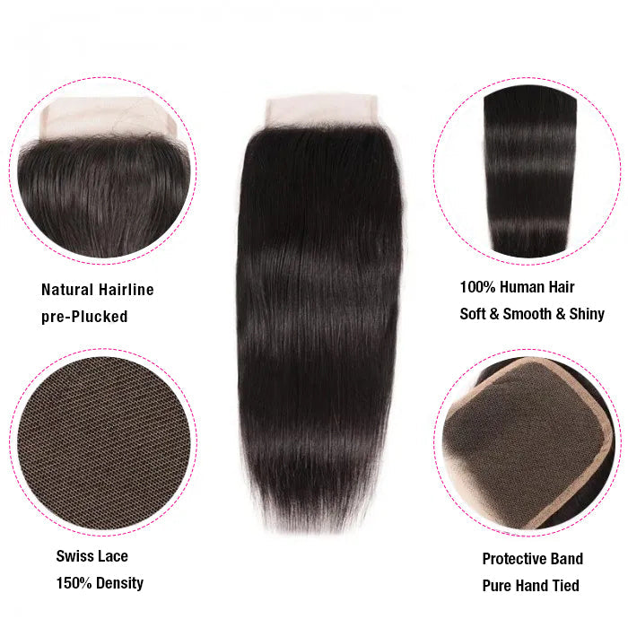 Brazilian Straight Hair 4 Bundles with 4*4 Lace Closure Virgin Human Hair