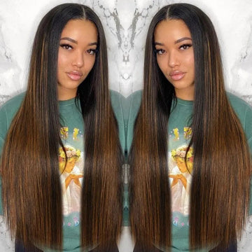 Hot Highlight Balayage Straight V/U Part Wigs No Leave Out Glueless Human Hair Wigs Beginner Friendly