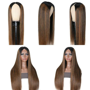 Hot Highlight Balayage Straight V/U Part Wigs No Leave Out Glueless Human Hair Wigs Beginner Friendly