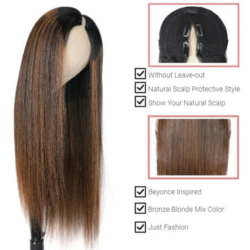 Hot Highlight Balayage Straight V/U Part Wigs No Leave Out Glueless Human Hair Wigs Beginner Friendly