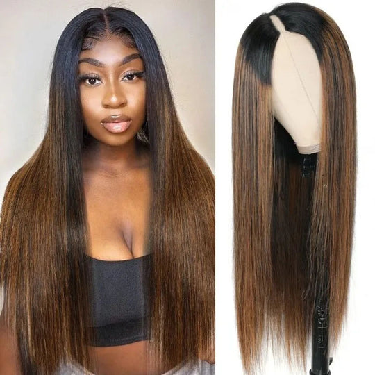 Hot Highlight Balayage Straight V/U Part Wigs No Leave Out Glueless Human Hair Wigs Beginner Friendly