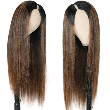 Hot Highlight Balayage Straight V/U Part Wigs No Leave Out Glueless Human Hair Wigs Beginner Friendly