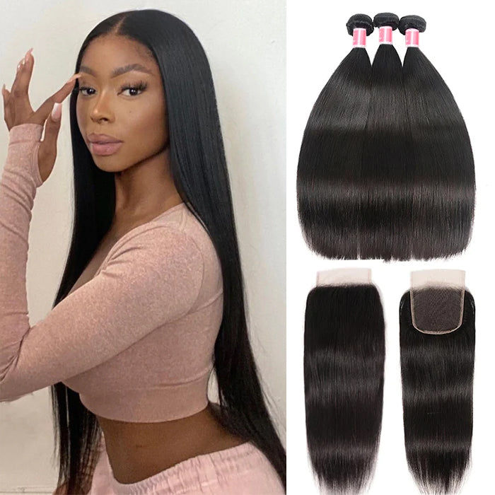 Malaysian Straight Hair 3 Bundles with 4*4 Closure Soft Unprocessed Virgin Human Hair