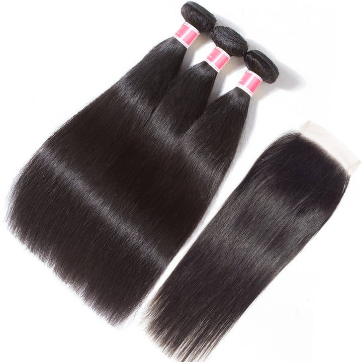 Peruvian Straight Hair 3 Bundles with 4*4 Closure Soft Unprocessed Virgin Human Hair