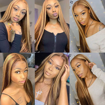 4/27 Highlight Brown Straight Wigs 4x4 13x4 13x6 HD Lace Front Wigs Honey Blonde Human Hair Wigs