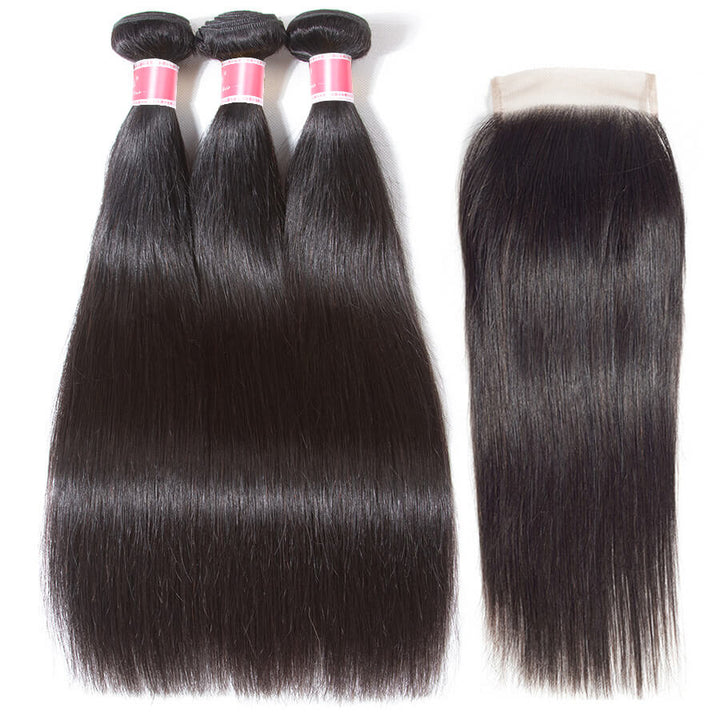 Brazilian Straight Hair 3 Bundles with 4*4 Lace Closure Virgin Human Hair