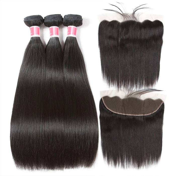 3 Bundles Peruvian Straight Human Hair with 13*4 Ear to Ear Lace Frontal Closure Straight Bundles With Closure