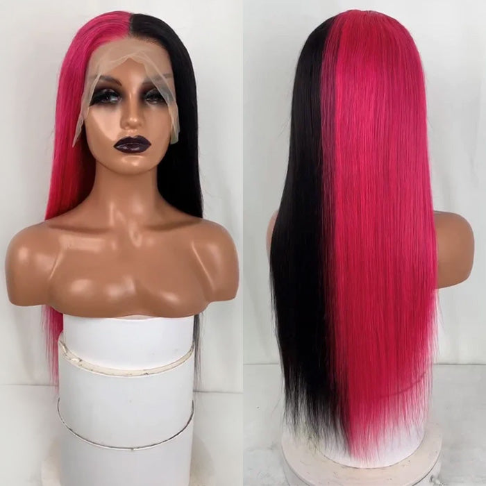 Half Rose Pink Half Black Color Straight 13x4 HD Lace Frontal Wigs Human Hair