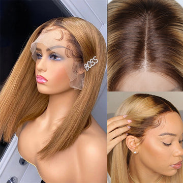 Ombre Blonde T4/27 Straight 13x4 Lace Front Wigs Short bob Lace Front Human Hair Wigs 150% Density