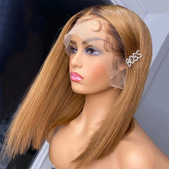 Ombre Blonde T4/27 Straight 13x4 Lace Front Wigs Short bob Lace Front Human Hair Wigs 150% Density