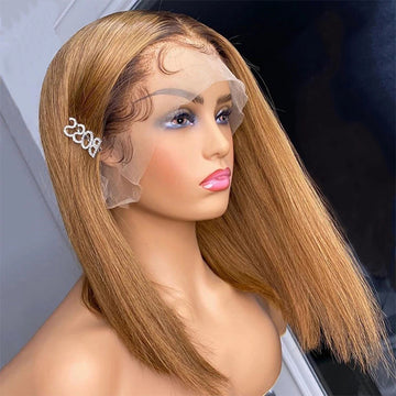 Ombre Blonde T4/27 Straight 13x4 Lace Front Wigs Short bob Lace Front Human Hair Wigs 150% Density