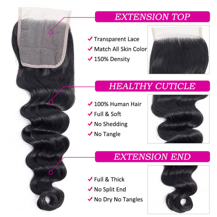 Brazilian Loose Deep Wave 3 Bundles with 4*4 Lace Closure Virgin Human Hair