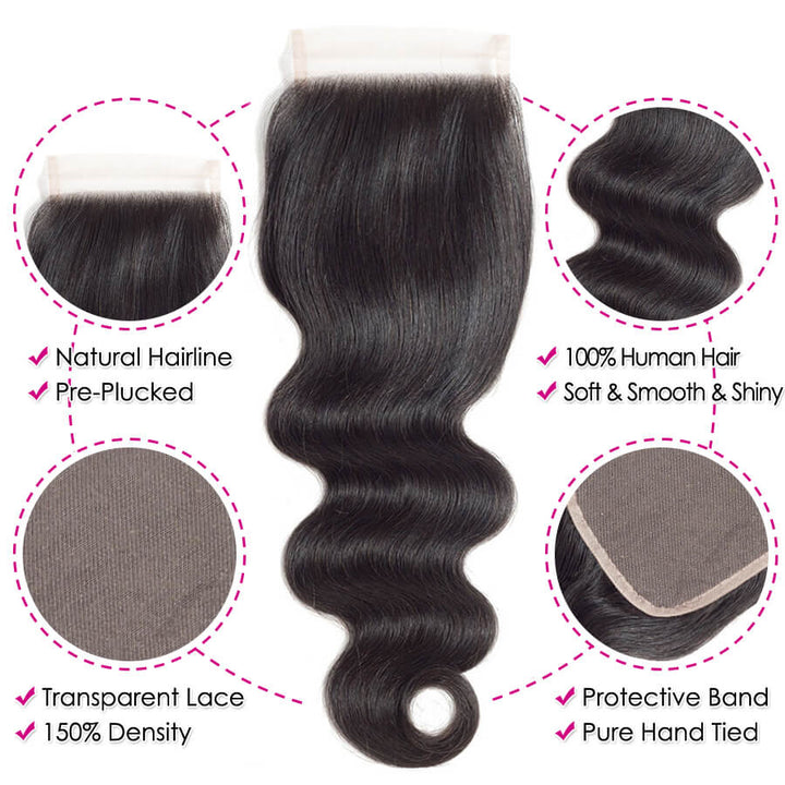 Brazilian Body Wave 3 Bundles with 4*4 Lace Closure Virgin Human Hair