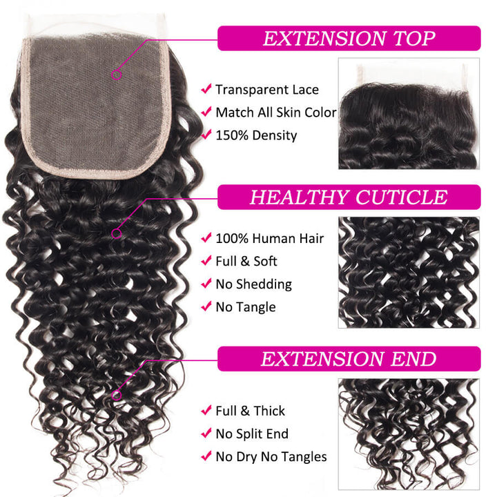 Peruvian Curly Hair 3 Bundles With 4x4 Transparent Lace Closure Remy Hair Weave