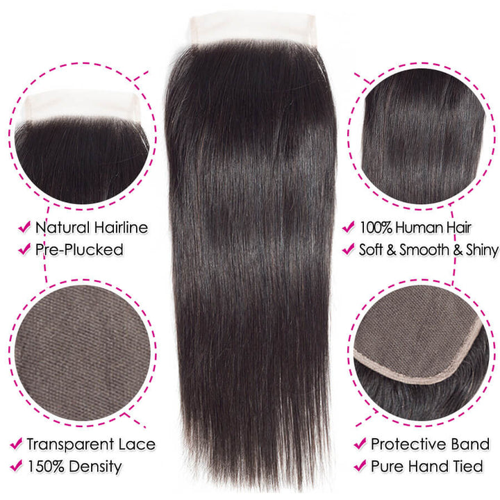 Peruvian Straight Hair 3 Bundles with 4*4 Closure Soft Unprocessed Virgin Human Hair