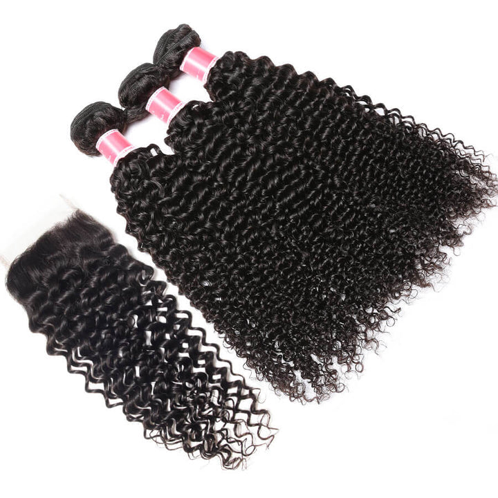 Peruvian Curly Hair 3 Bundles With 4x4 Transparent Lace Closure Remy Hair Weave