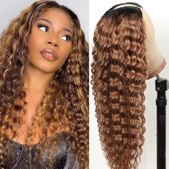 Deep Wave 4/27 Blonde Highlights V/U Part Human Hair Wigs Beginner Friendly No Lace Meets Real Scalp