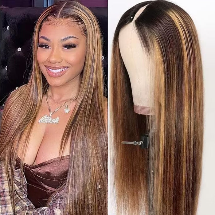 4/27 Blonde Highlight V/U Part Wigs Human Hair Straight V Part Wigs Human Hair Minimal Leave Out No Lace