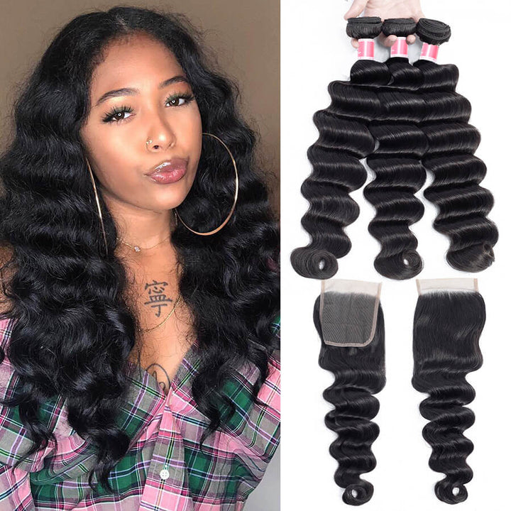 Peruvian Loose Deep Wave Virgin Hair 3 Bundles with Closure 100% Unprocess Human Hair Weave Bundles with Closure