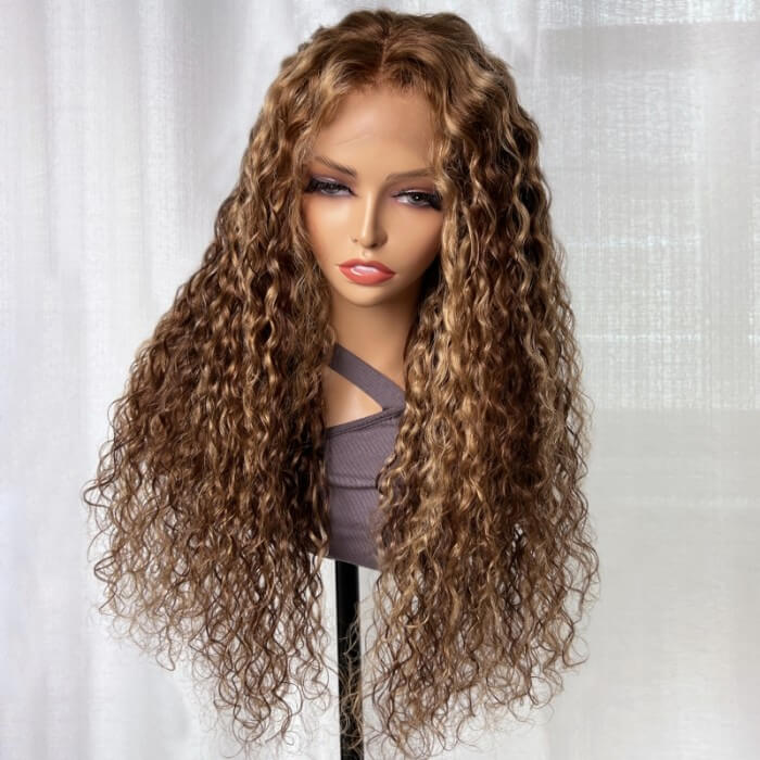 Highlight Water Wave Lace Frontal Human Hair Wigs #4/27 Color Brazilian Pre-plucked Lace Wigs