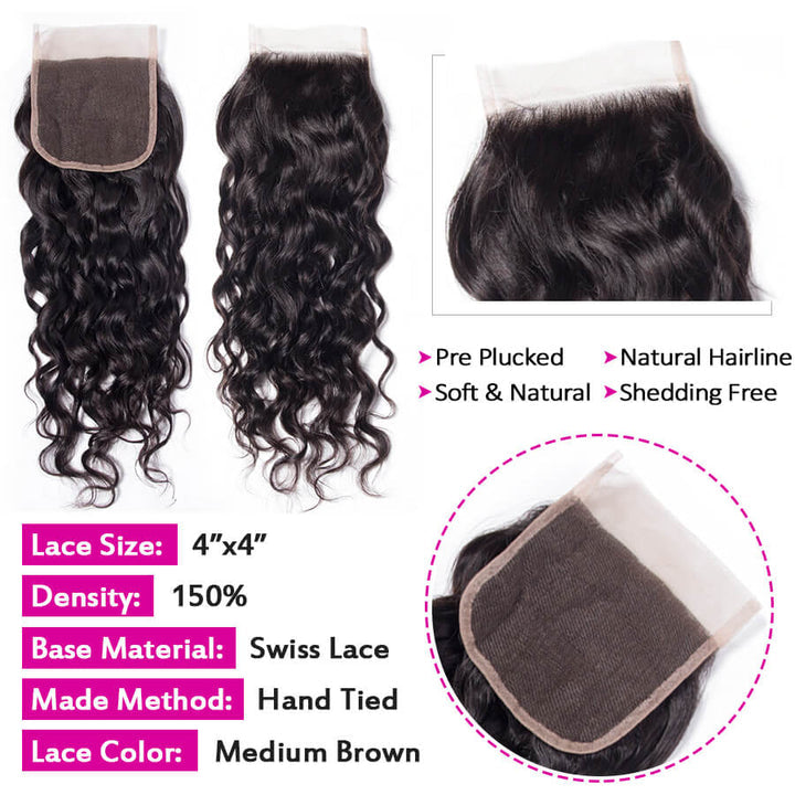 Malaysian Water Wave 3 Bundles with 4*4 Lace Closure Virgin Human Hair