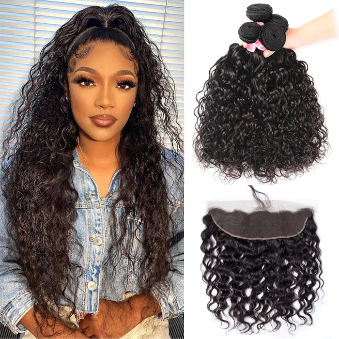 Peruvian Water Wave Virgin Hair Weave 3 Bundles With 13*4 Lace Frontal