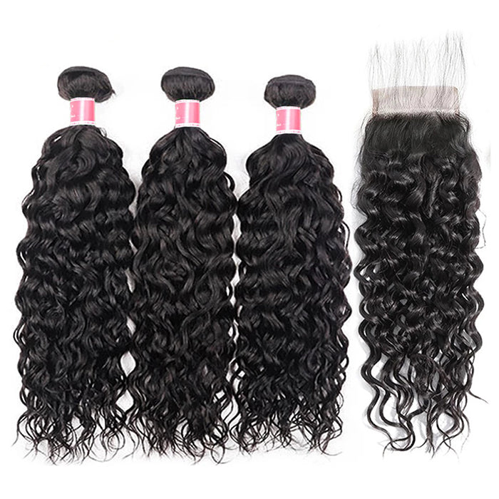 Malaysian Water Wave 3 Bundles with 4*4 Lace Closure Virgin Human Hair