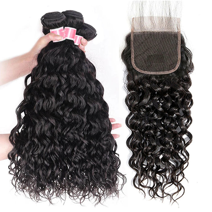 Malaysian Water Wave 3 Bundles with 4*4 Lace Closure Virgin Human Hair