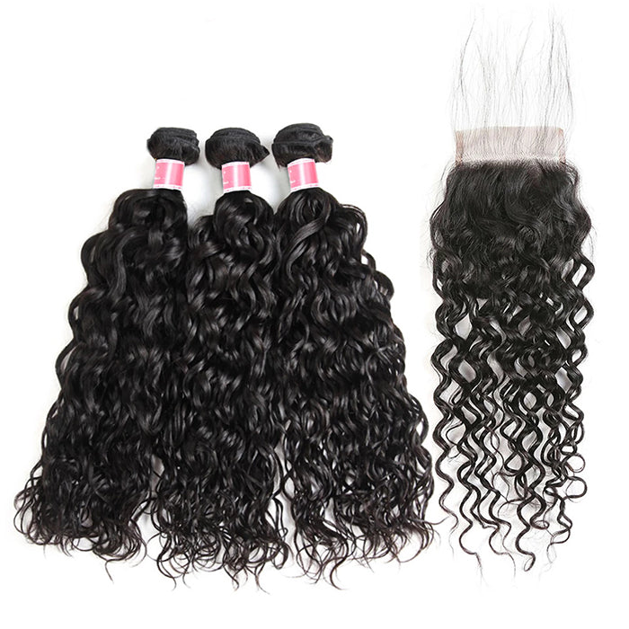 Malaysian Water Wave 3 Bundles with 4*4 Lace Closure Virgin Human Hair